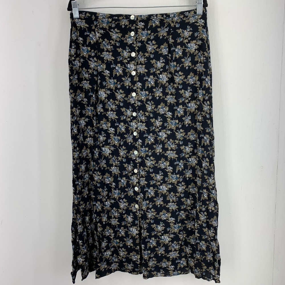 Vintage 90s Button Front Dark Floral Gauzy Midi Skirt Grunge Sz. 14 Boho Prairie